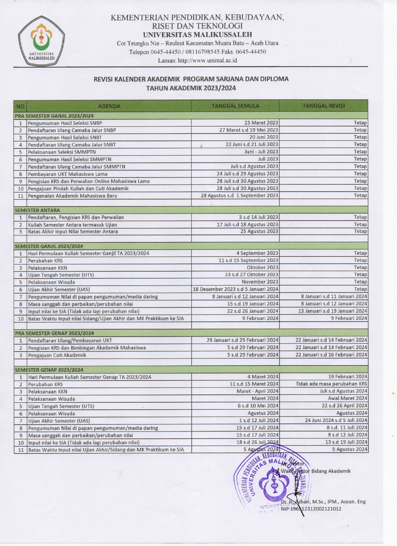 Revisi Kalender Akademik 2023 2024