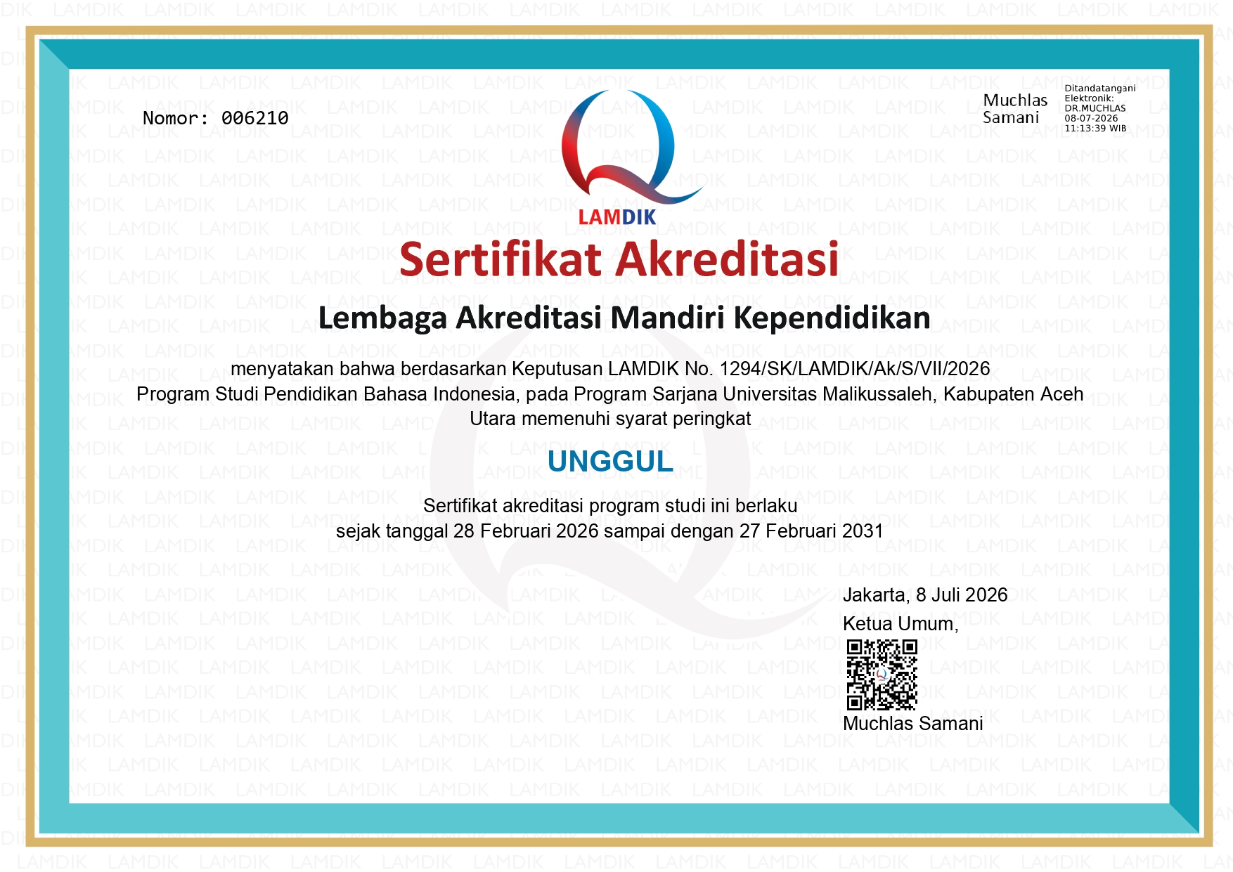 SERTIFIKAT AKREDITASI UNGGUL S1 PB Indonesia page 0001